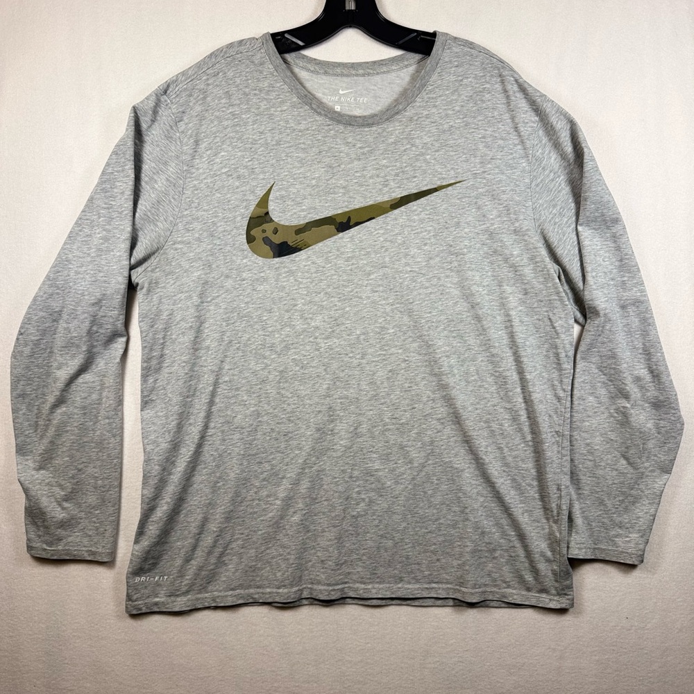 Nike Gray Long-Sleeve Shirt with Olive Camo Swoosh